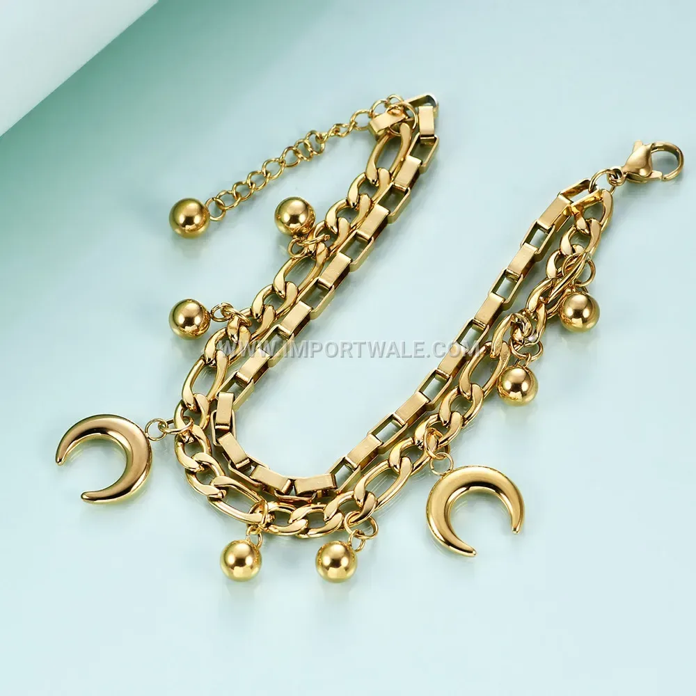 Double Layer Stainless Steel Cuban Chain Bracelet with Moon Charm