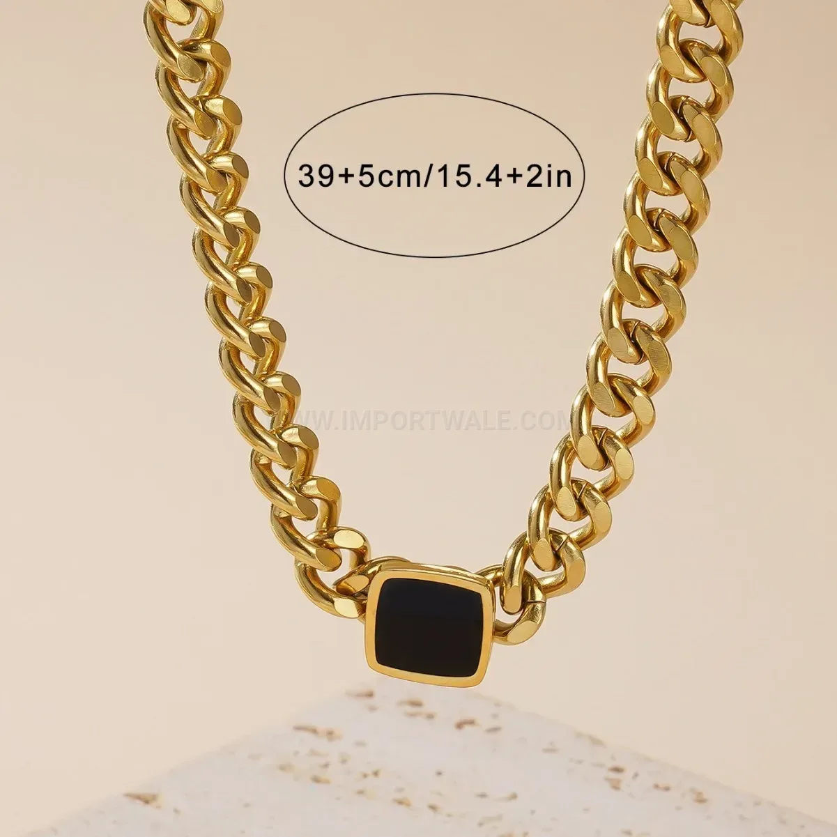 Chic Chunky Titanium Steel Cuban Chain Black Square Pendant Necklace