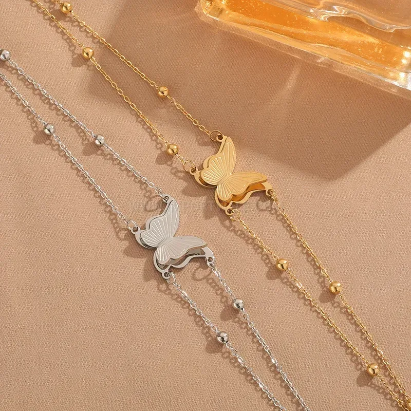 Elegant Layered Gold Butterfly Pendant Titanium Steel Bracelet