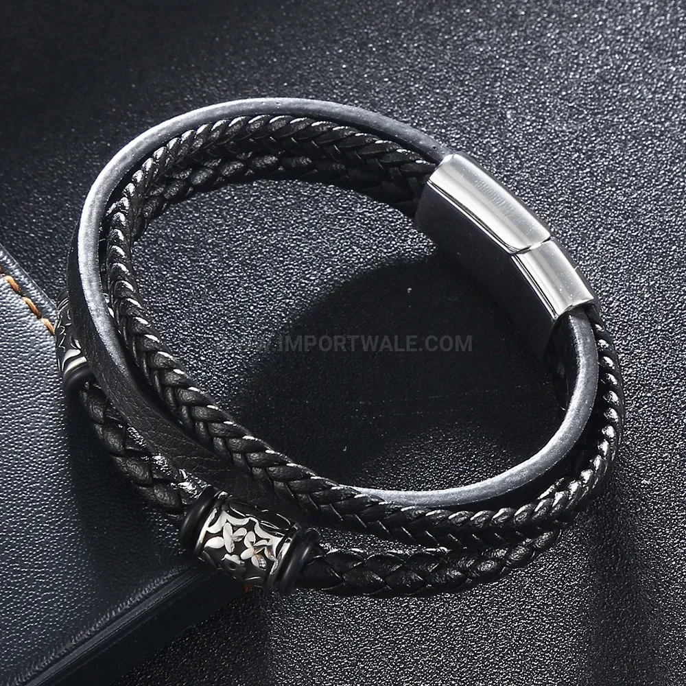 Woven Leather Strand Stainless Steel Magnetic Clasp Bracelet