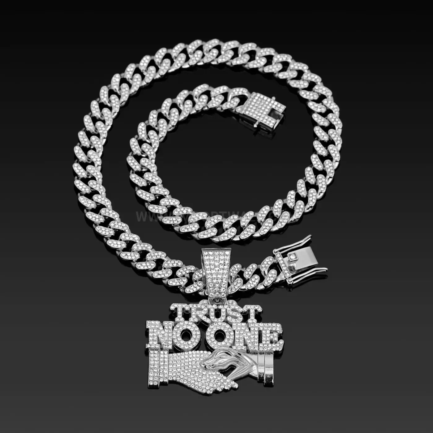 Rhinestone Trust No One Letter Pendant Cuban Chain Necklace