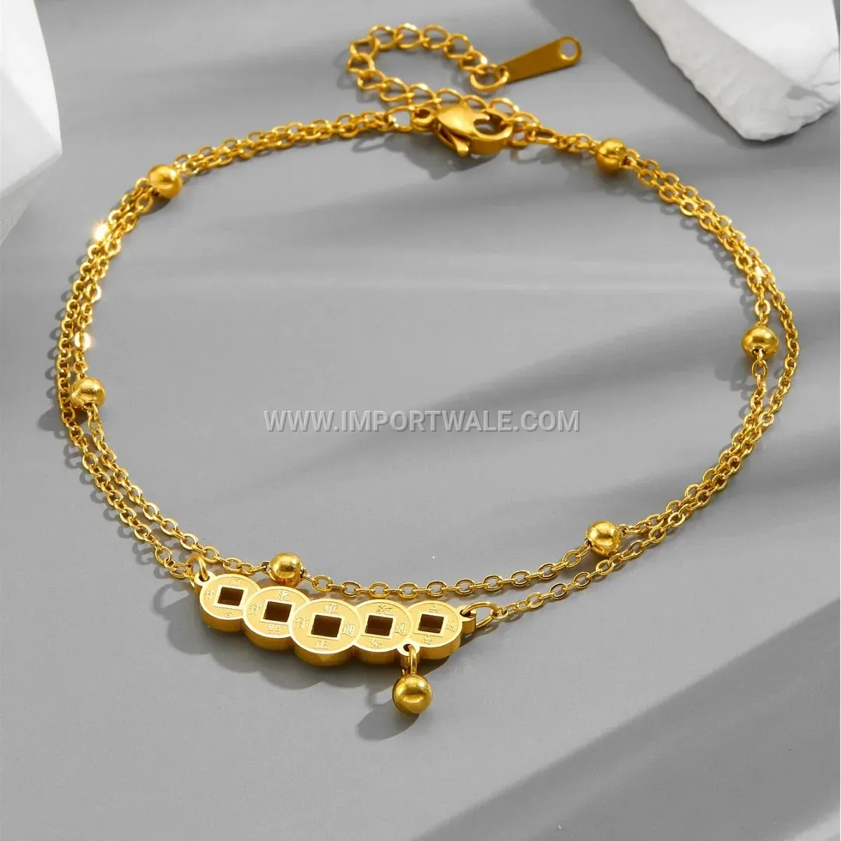 Gold Titanium Steel Layered Coin Motif Anti Tarnish Anklet