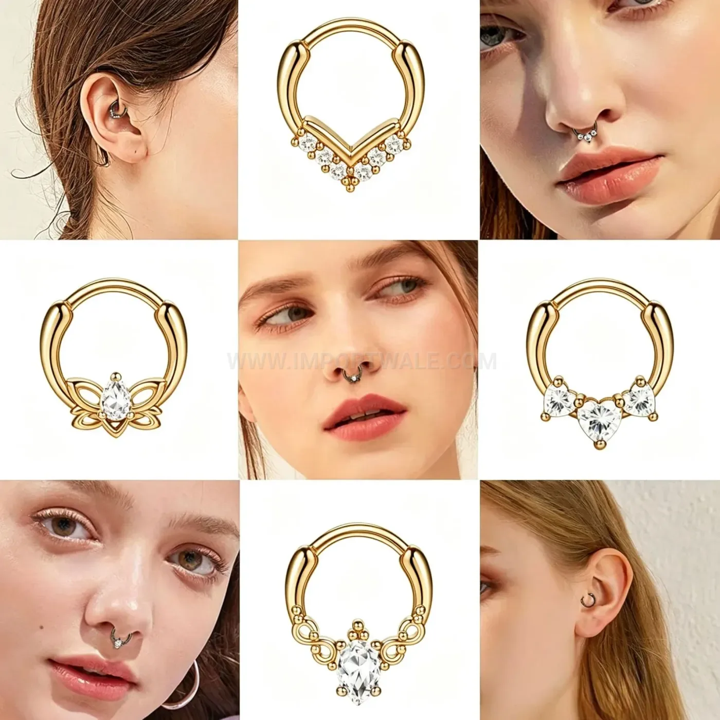 Chic Sparkling Rhinestone Stainless Steel Hinged Body Piercing Ring Set