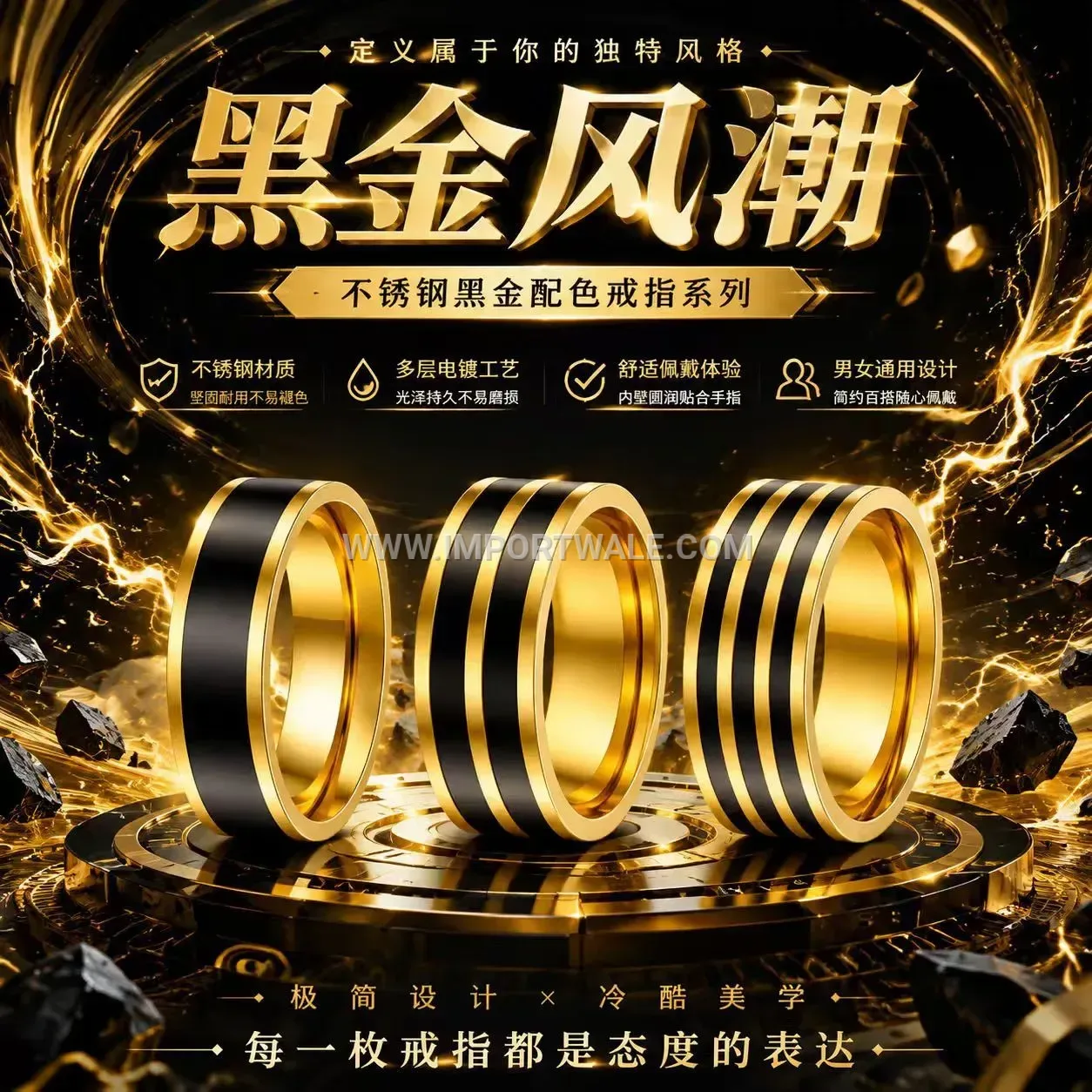 Gold-Plated Stainless Steel Black Enamel Inlay Ring