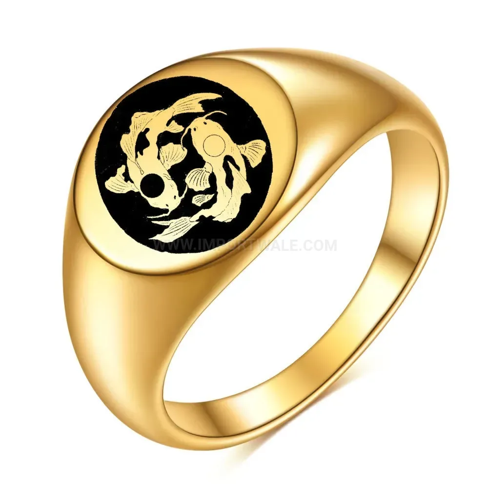 Trendy Pisces Engraved Polished Stainless Steel Statement Ring