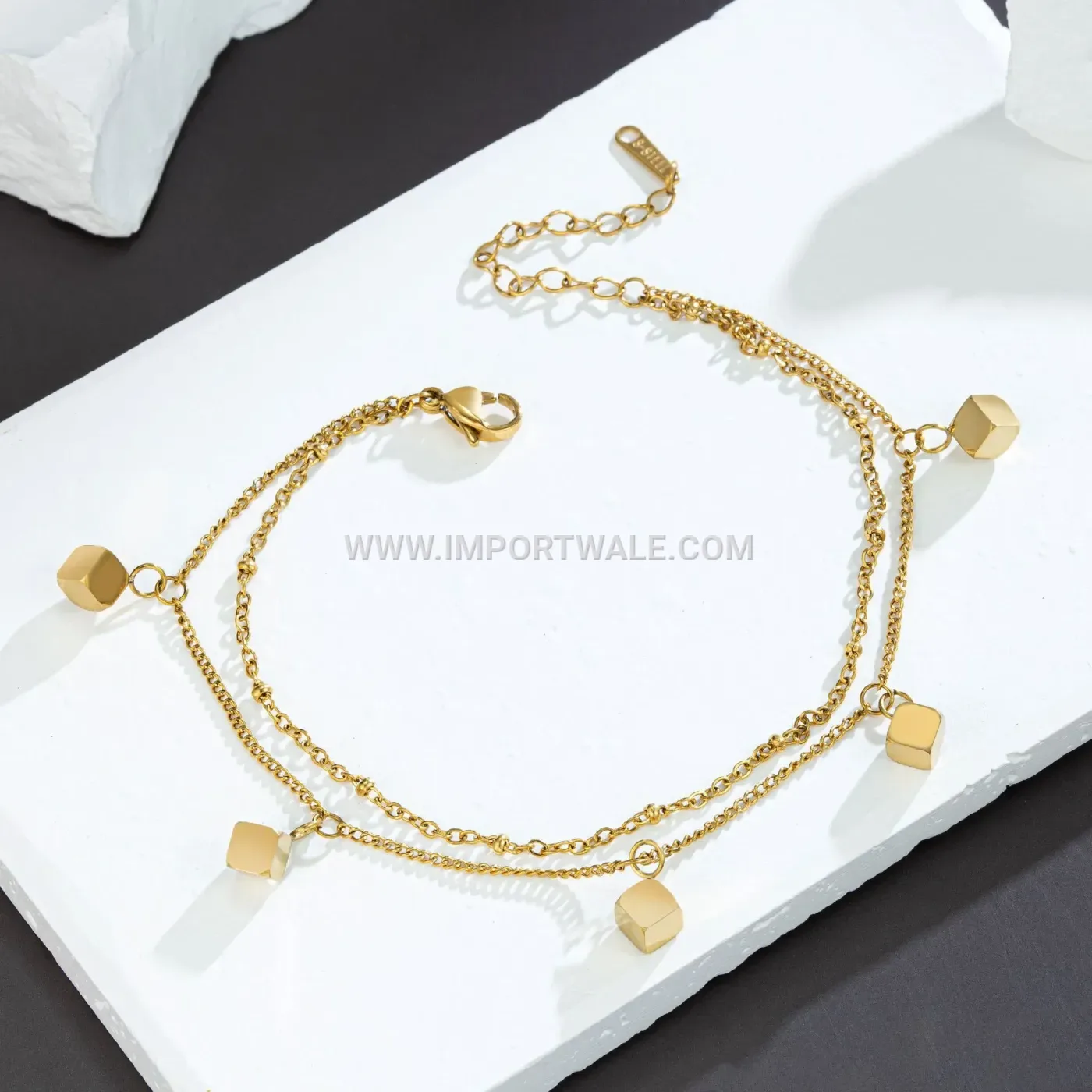 Double Layer Square Block Gold Plated Titanium Steel Anklet
