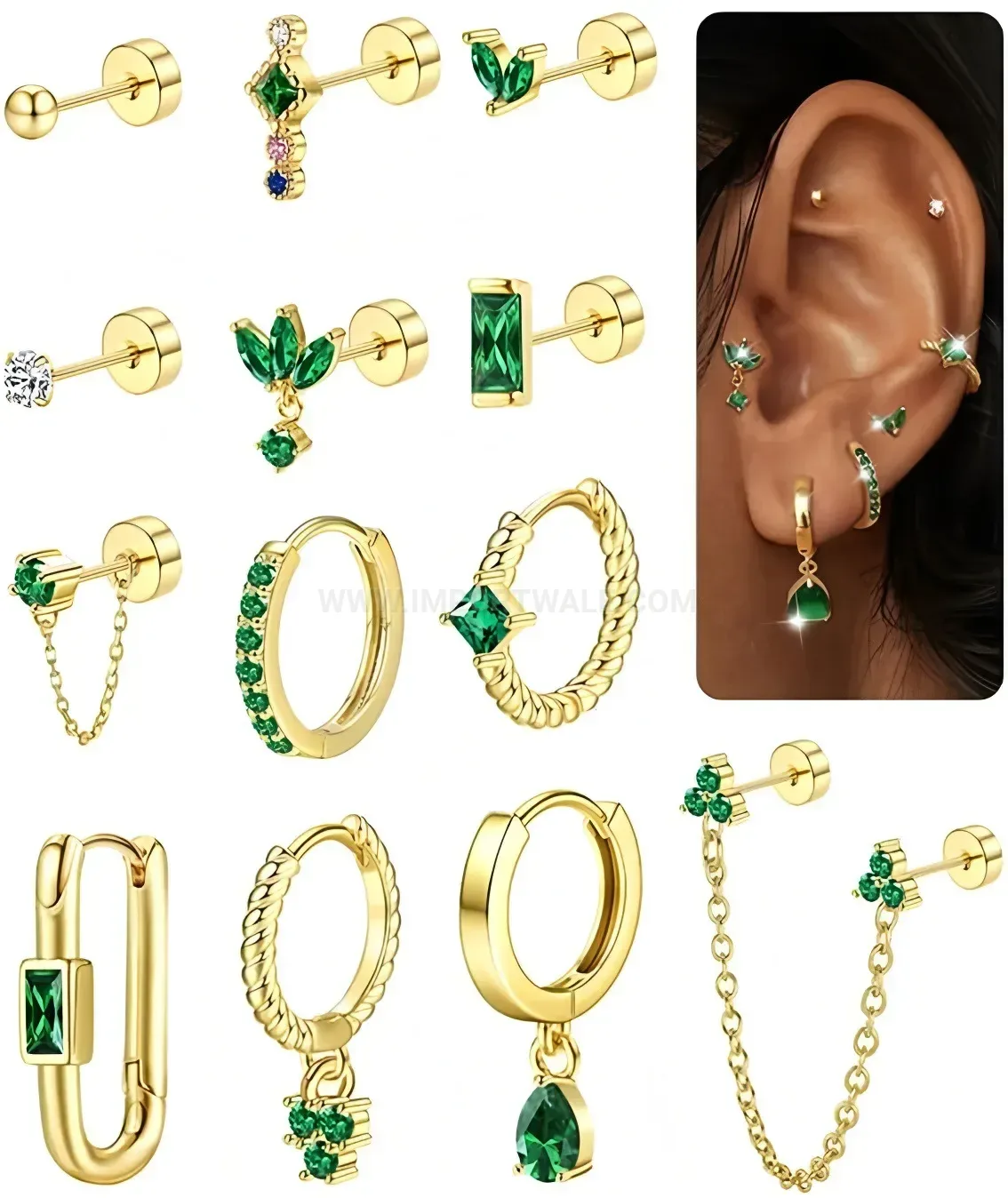 Modern Gold Plated Green Zircon Leaf Stud Earrings Set