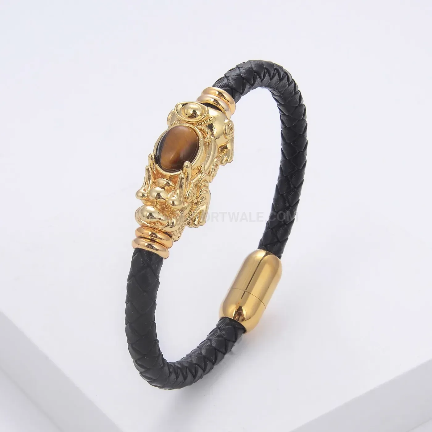 Retro Pixiu Leather and Natural Stone Bracelet with Stainless Steel Clasp