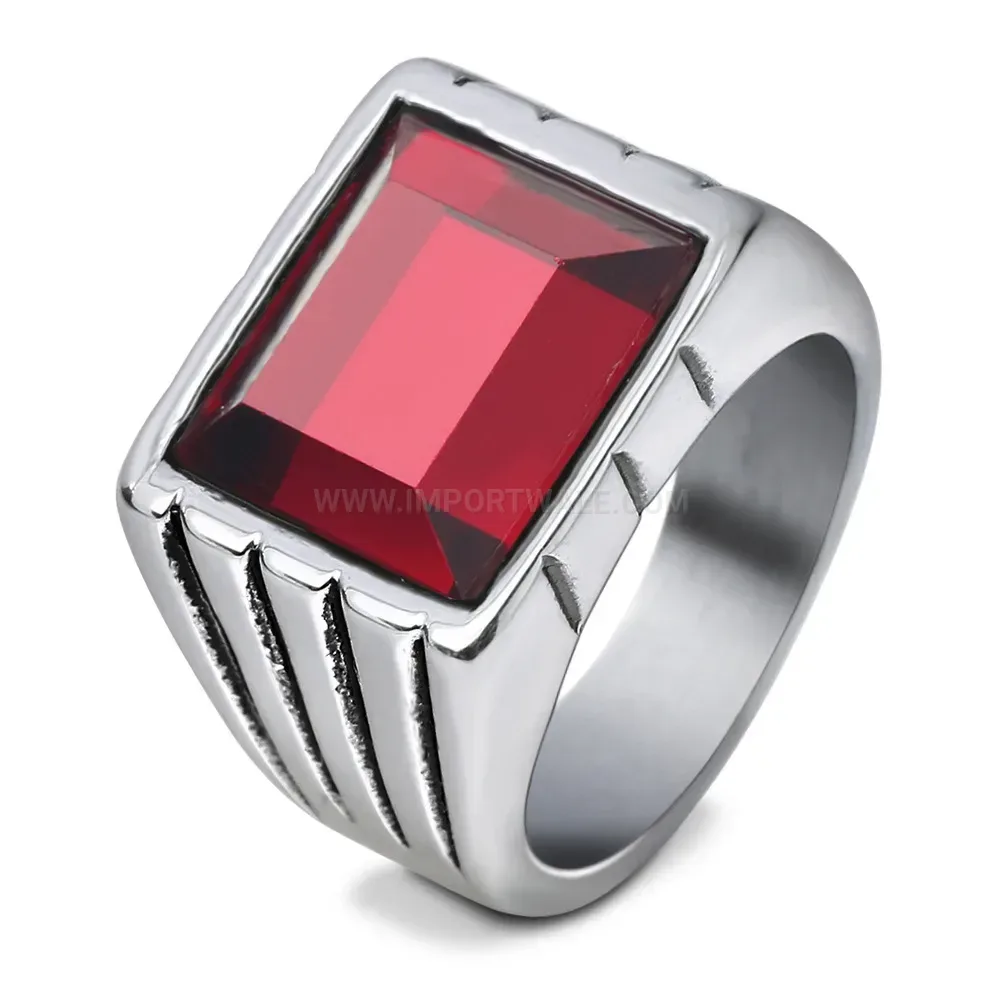 Fashion Square Red Gemstone Stainless Steel Signet Ring
