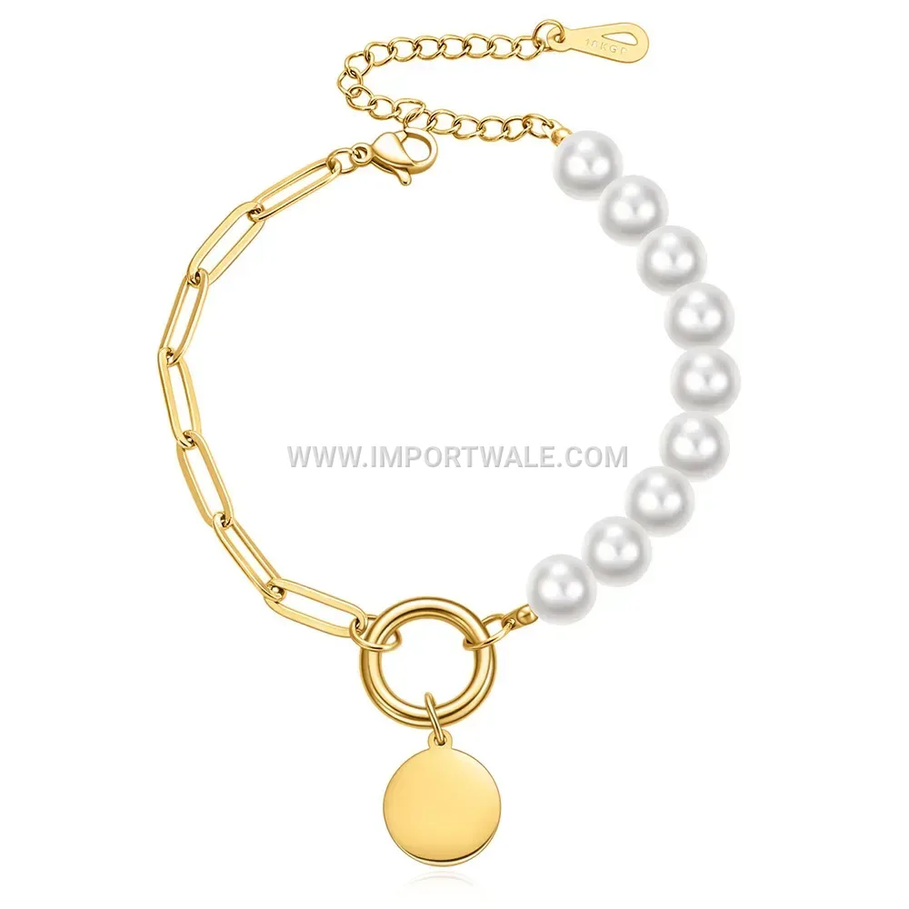 Stainless Steel Faux Pearl Link Bracelet with Smooth Disc Charm