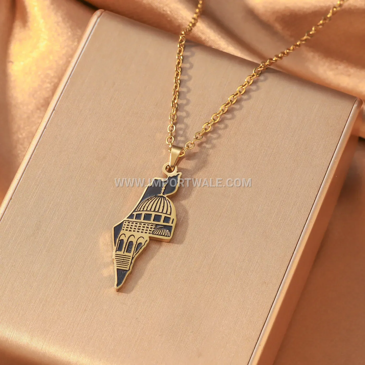 Stainless Steel Palestine Map Dome of the Rock Pendant Necklace