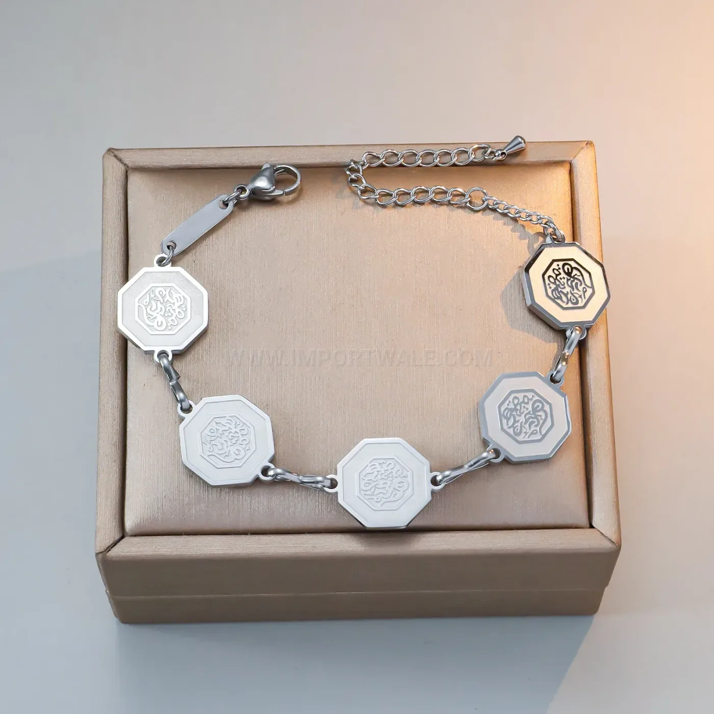 Octagonal Arabic Calligraphy Stainless Steel Gold Plated Bracelet