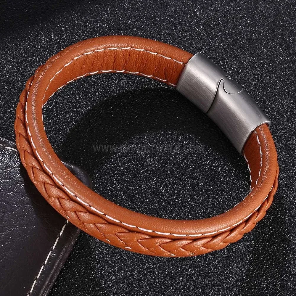 Handcrafted Brown Leather Bracelet with Stainless Steel Clasp