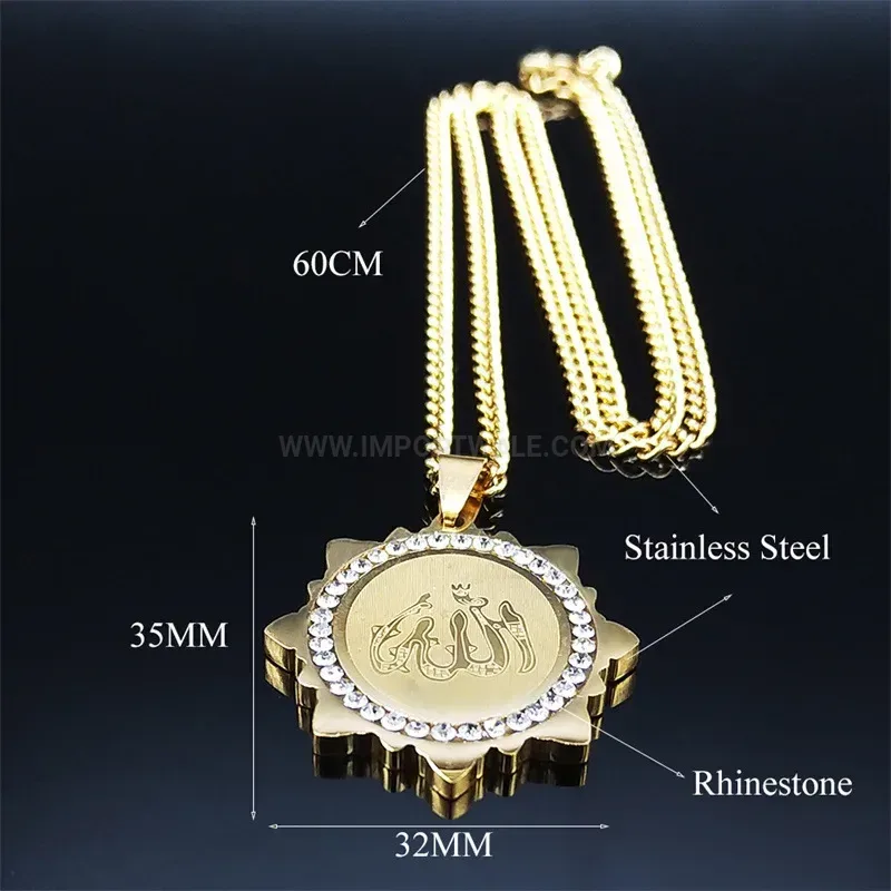 Chic Gold Plated Stainless Steel Arabic Calligraphy Pendant Necklace With Zircon
