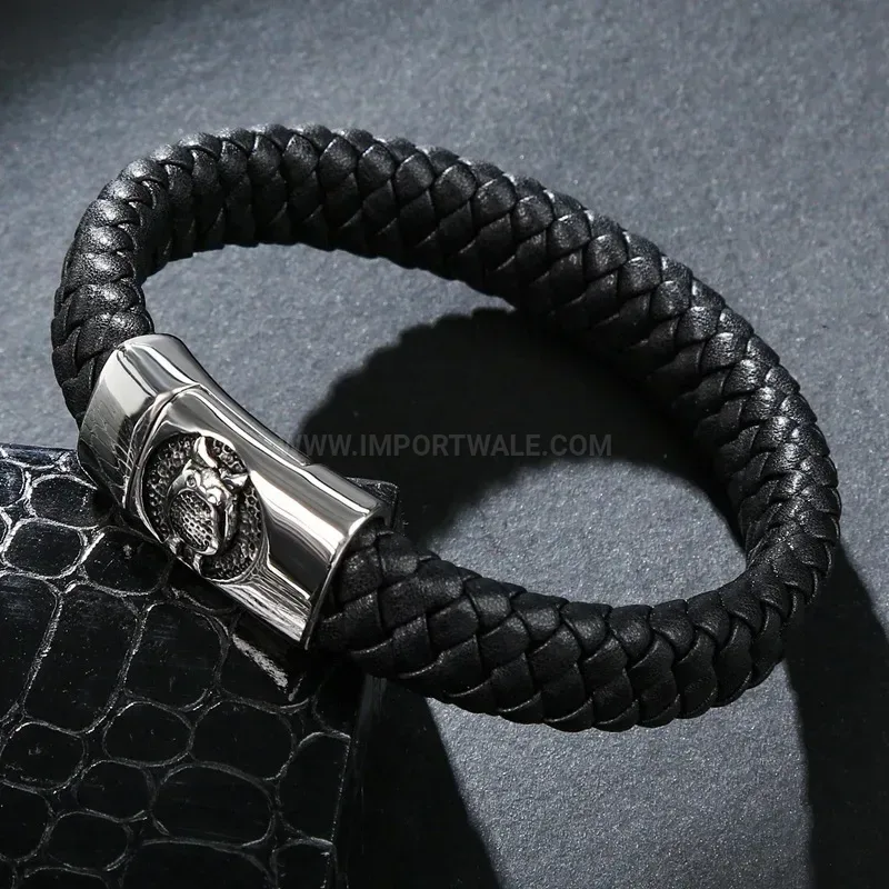 Bold Handcrafted Leather and Stainless Steel Owl Charm Bracelet