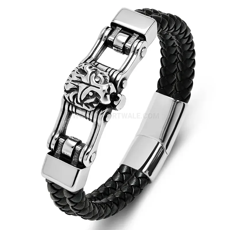 Fashion Sculpted Lion Head Dual-Tone Leather Steel Bracelet