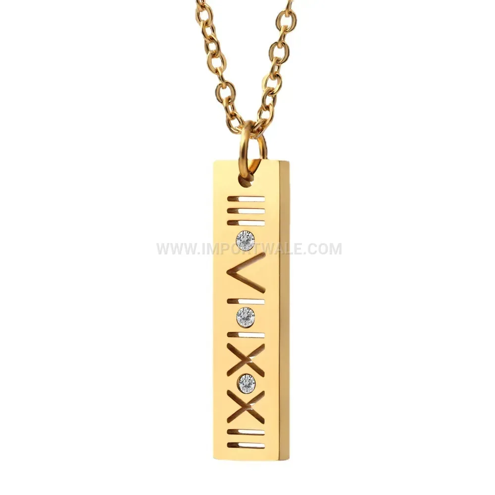 Roman Numeral Cutout Stainless Steel Rhinestone Pendant Necklace
