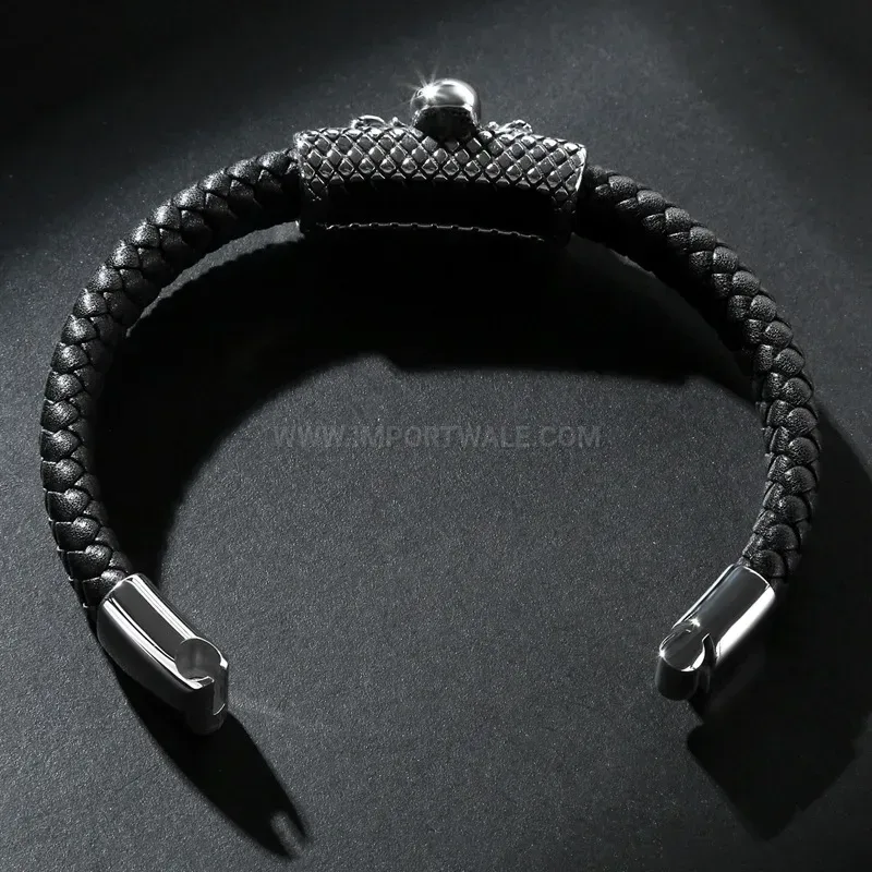 Designer Spider Motif Stainless Steel and Braided Leather Men Bracelet