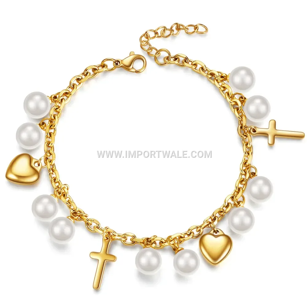 Cross and Heart Pearl Accent Stainless Steel Mixed Chain Bracelet