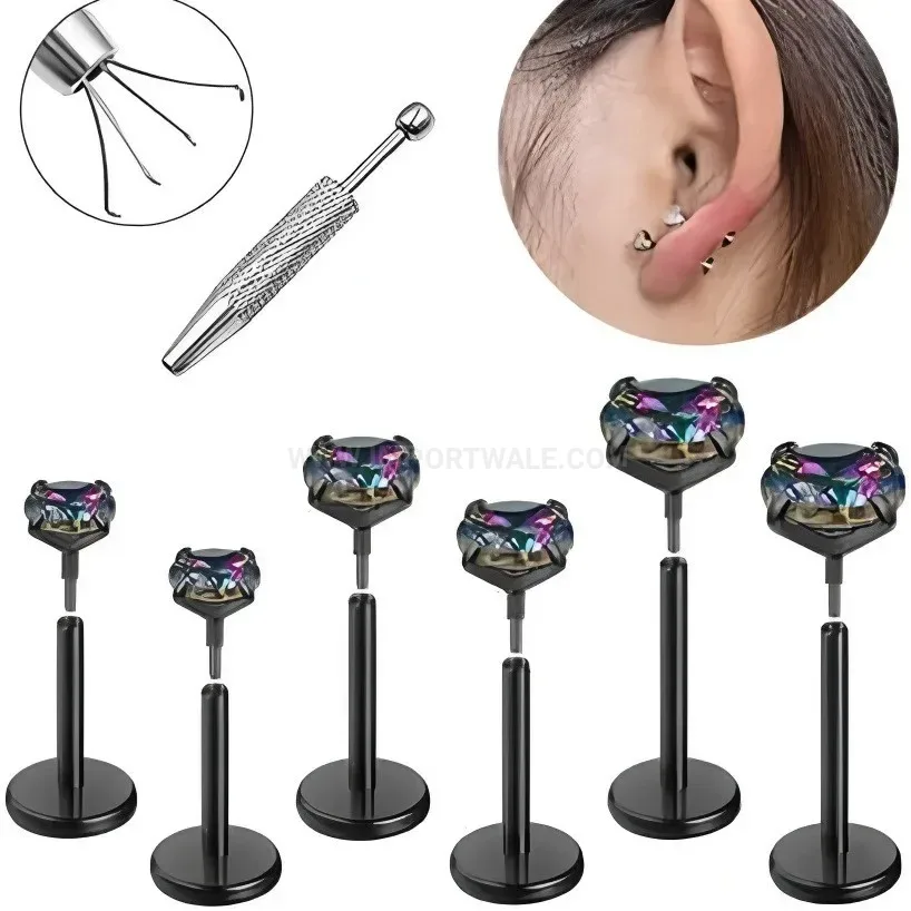 Elegant Internal Thread Cubic Zirconia Flat Back Stainless Steel Stud Set