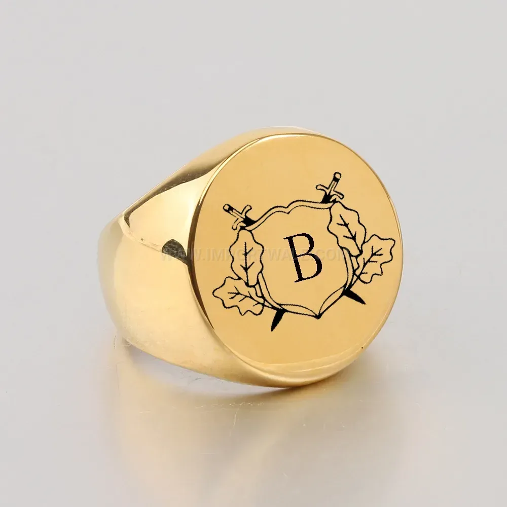 Stylish Vintage Engraved Initial Round Stainless Steel Signet Ring