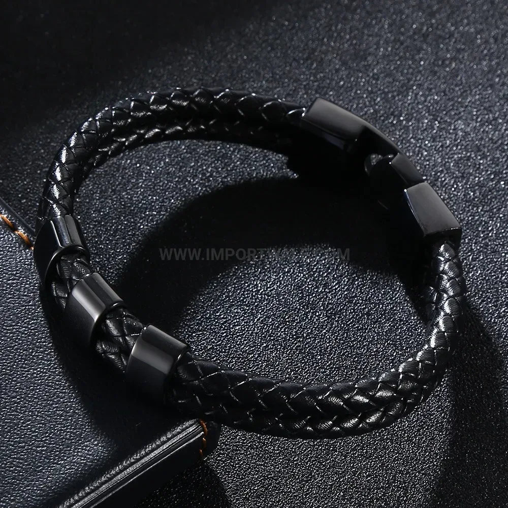 Customizable Double Layer Braided Leather Stainless Steel Bracelet