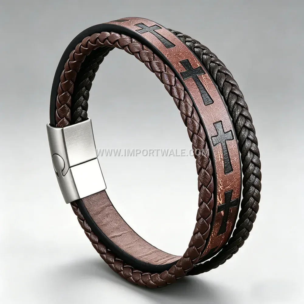 Layered Braided Leather Cross Bracelet With Magnetic Buckle