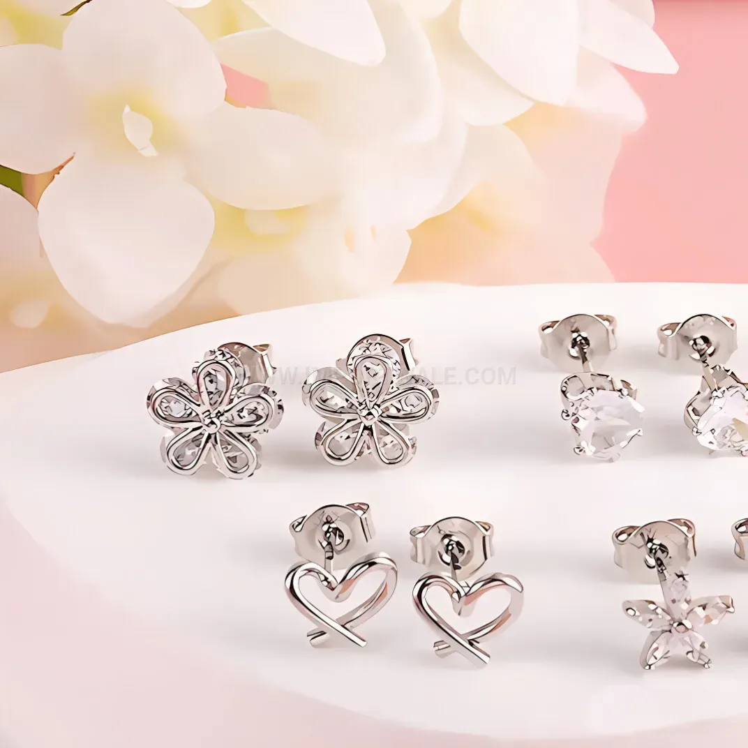 Elegant Stainless Steel Heart Floral Rhinestone Ear Cartilage Piercing Studs