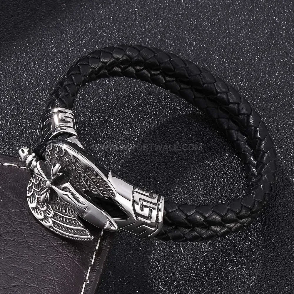 Cross and Skull Braided Leather Wristband with Stainless Steel Accents