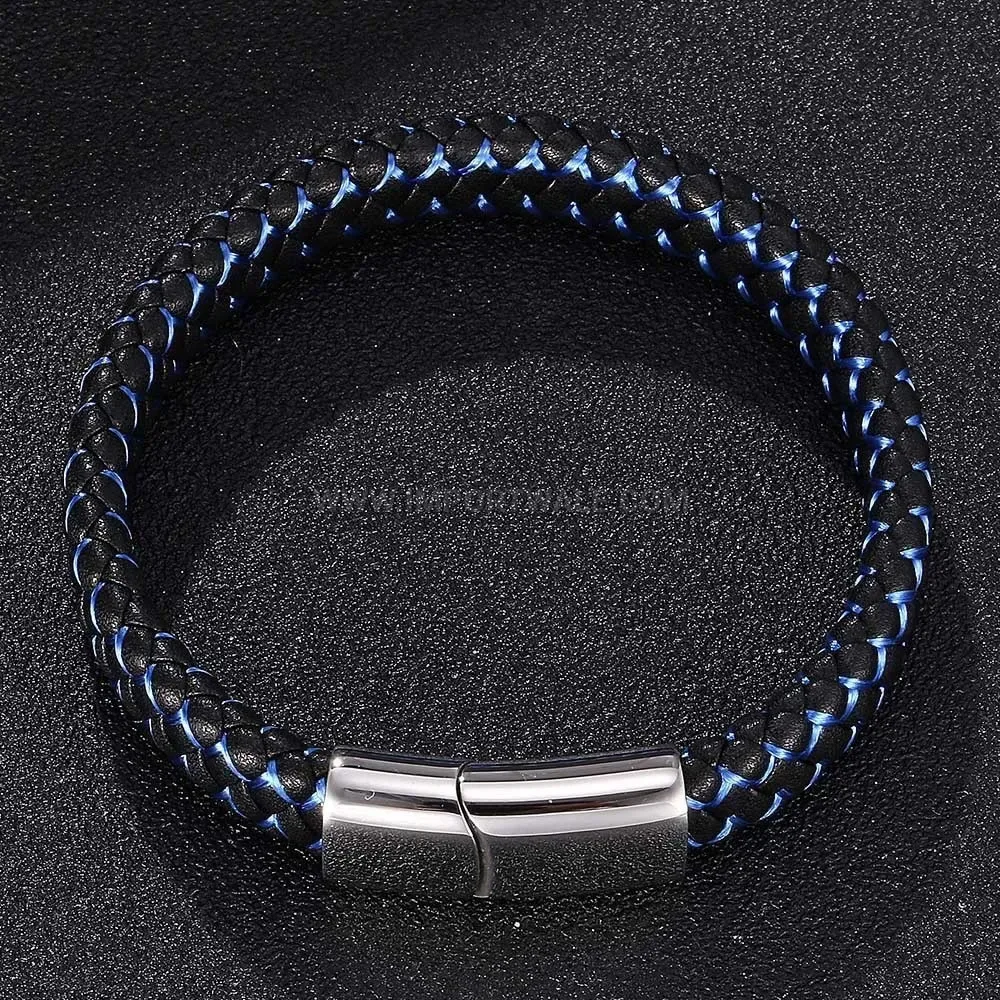 Threaded Leather Cord Bracelet with Stainless Steel Magnetic Clasp