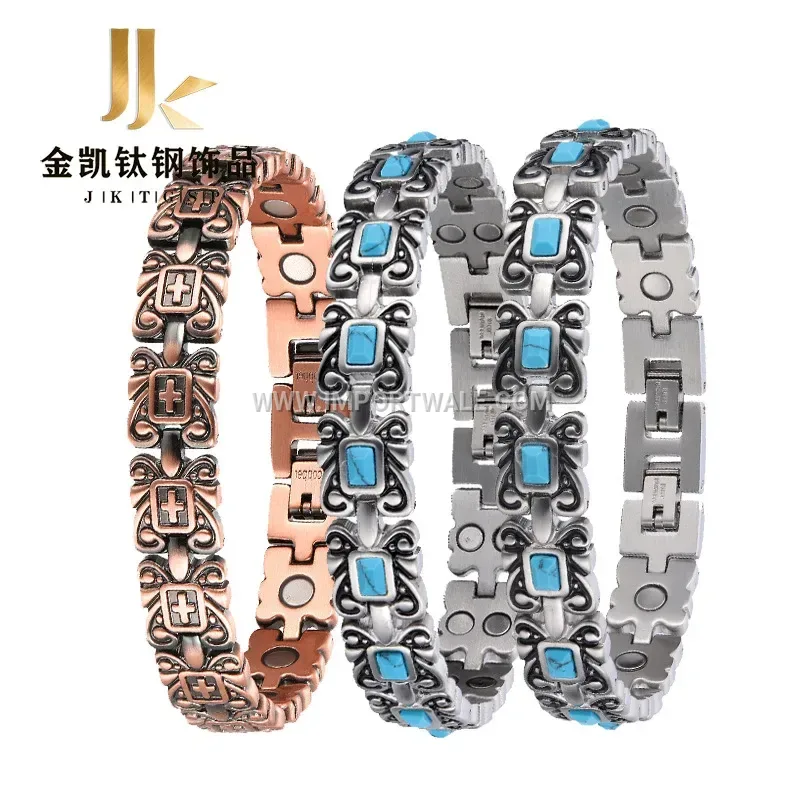 Turquoise Inlaid Red Copper Cross Bio Magnetic Bracelet