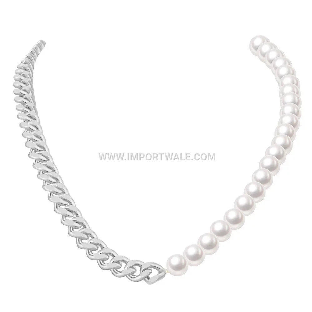 Stainless Steel Pearl Splice Cuban Chain OT Clasp Necklace