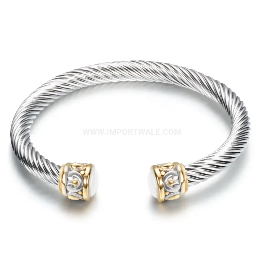 Modern Vintage Two-Tone Crystal Inlaid Cable Wire Stainless Steel Bangle