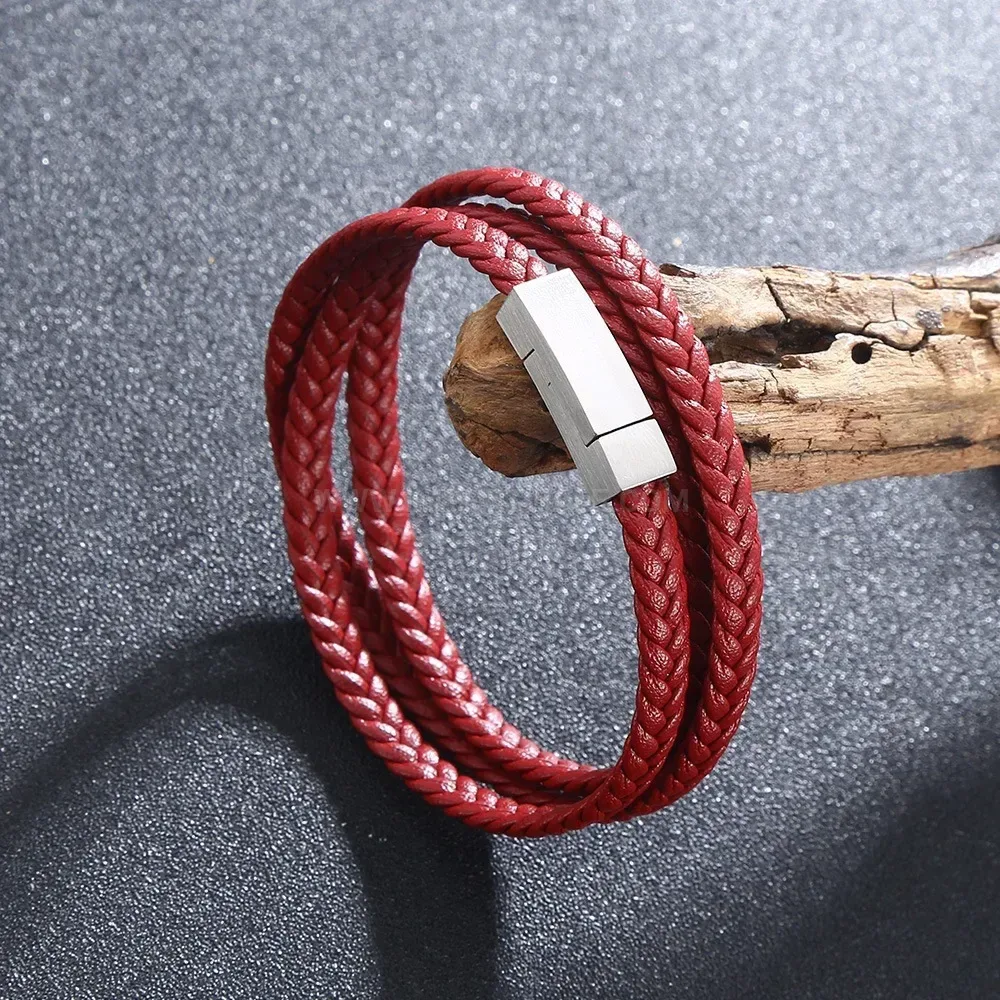 Double Wrap Braided Leather Stainless Steel Men Bracelet