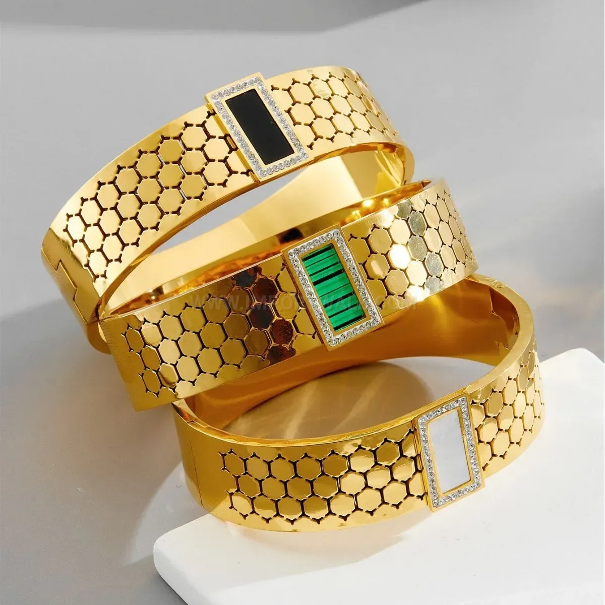 Mother of Pearl and Cubic Zirconia Titanium Steel Bangle Bracelet