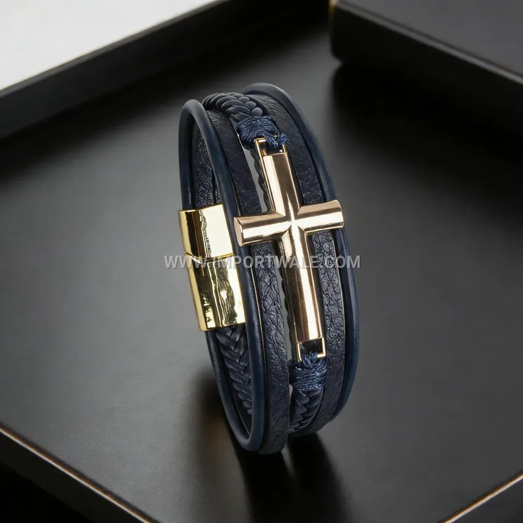Men Multilayer Braided PU Leather Cross Bracelet Stainless Steel Magnetic Clasp