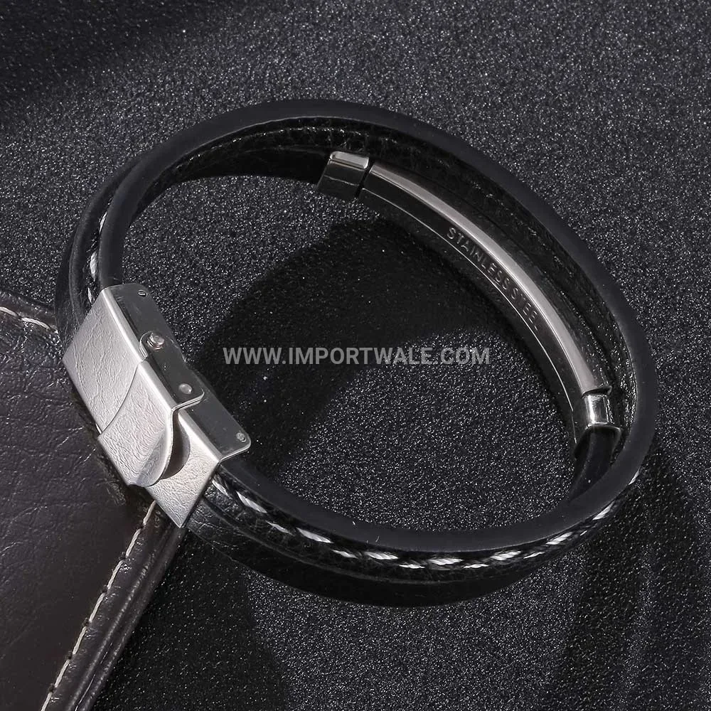 Sleek Black Leather Strap Bracelet Curved Stainless Steel Tube Bar