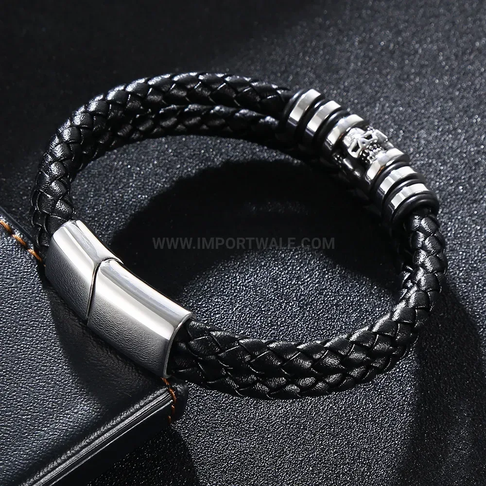 Multi-Strand Braided Leather Magnetic Steel Skull Bracelet