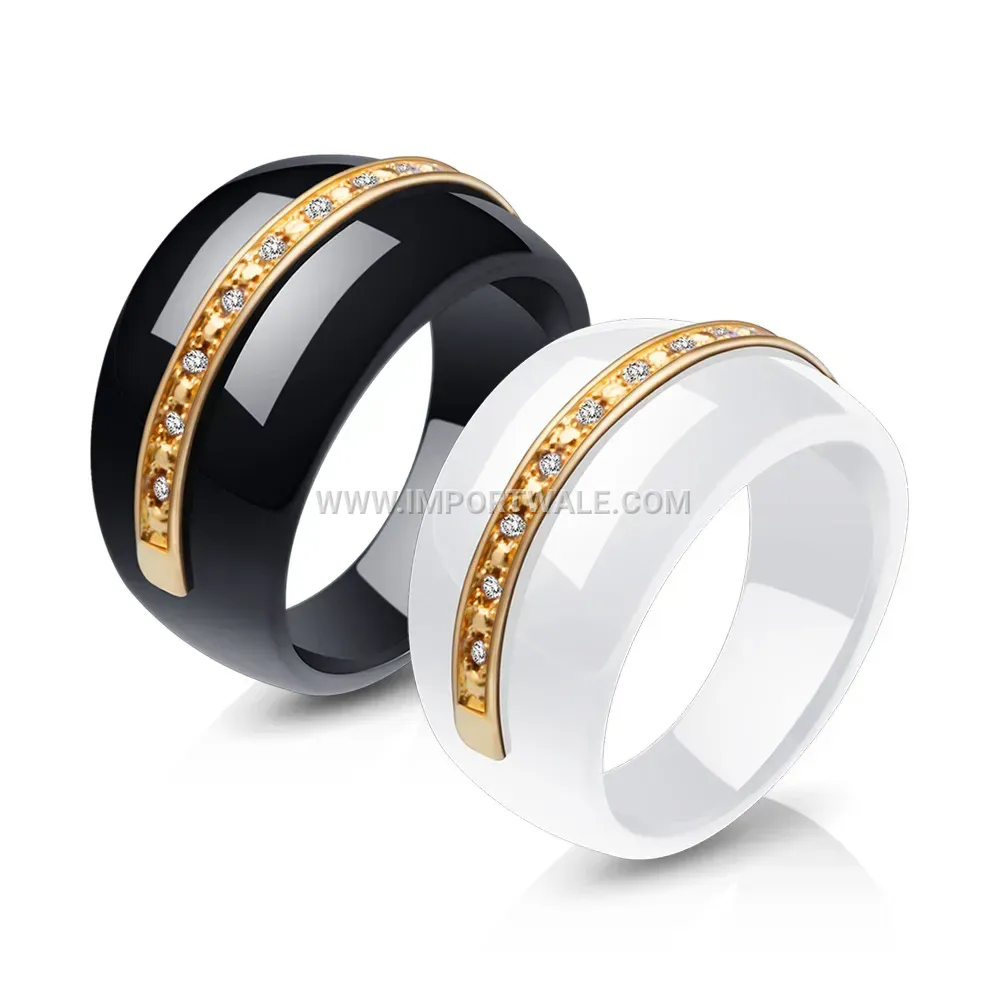 Two-Tone Ceramic Stainless Steel Crystal Band Ring