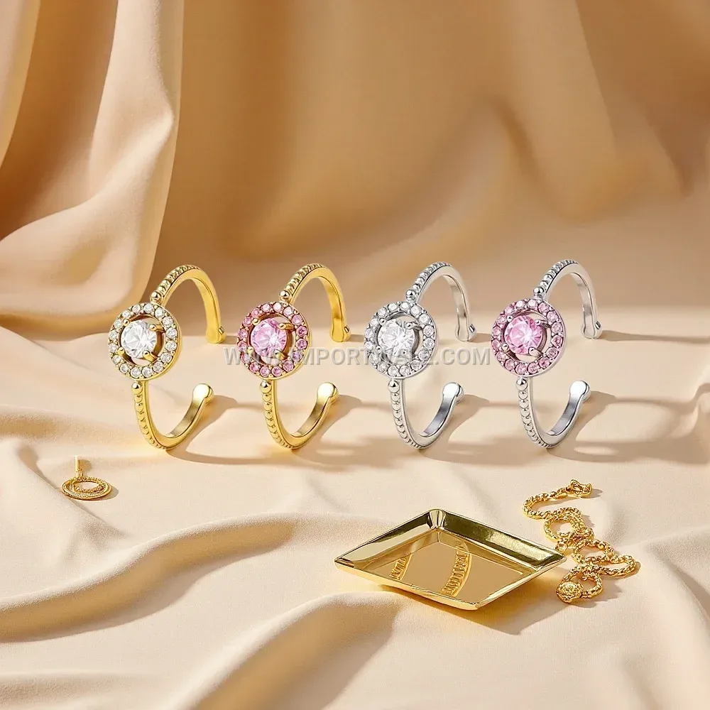 Open Adjustable Zircon Stainless Steel Cocktail Ring