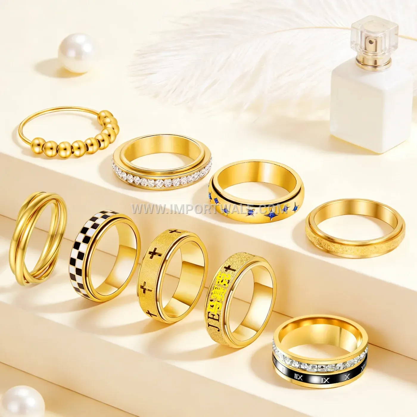 Frosted Geometric Stainless Steel Rhinestone Spinner Band Ring