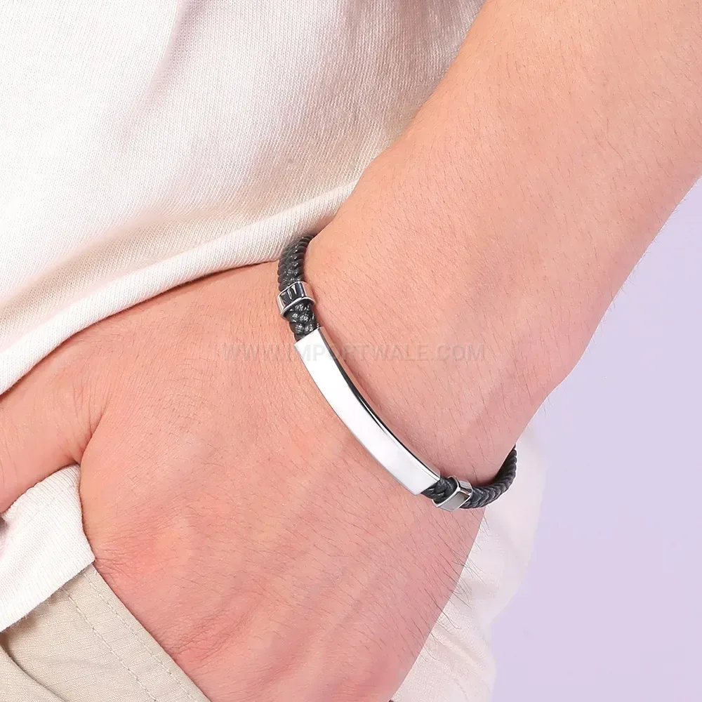 Woven Microfiber Leather Bangle With Plated Stainless Steel Clasp