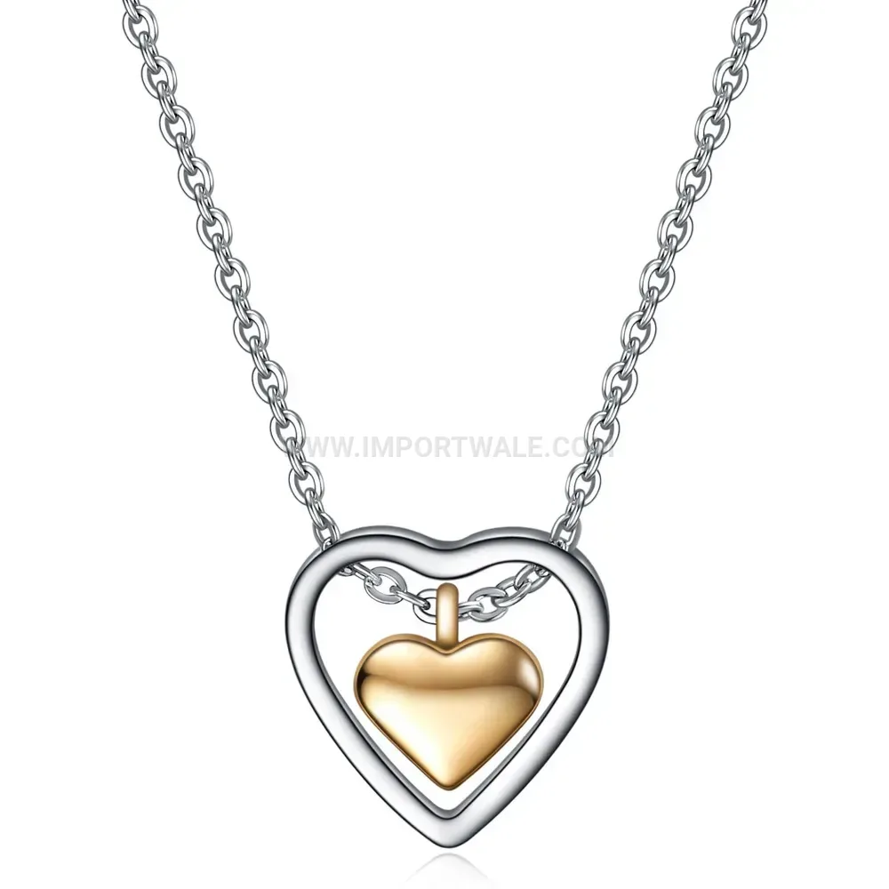 Stainless Steel Layered Cutout Double Heart Pendant Necklace
