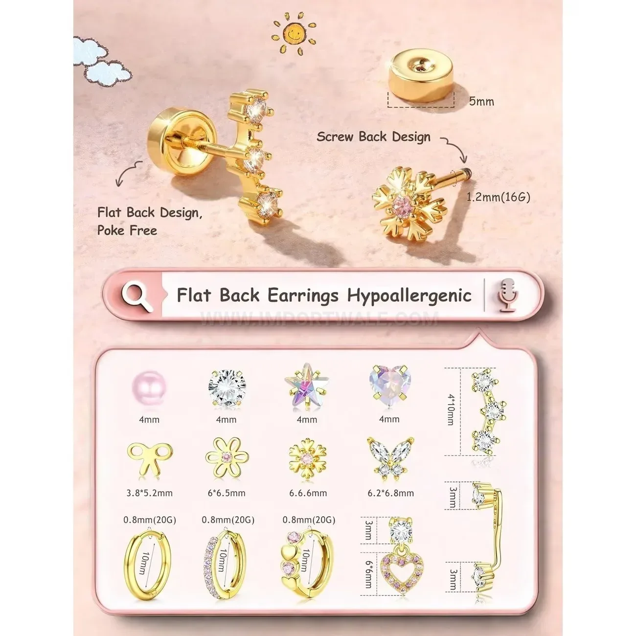 Chic Cubic Zirconia Stainless Steel Floral Butterfly Ear Cartilage Stud Set