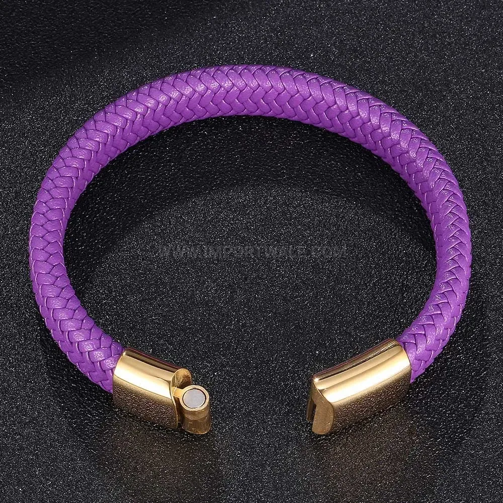 Braided Leather and Stainless Steel Magnetic Wrap Bracelet
