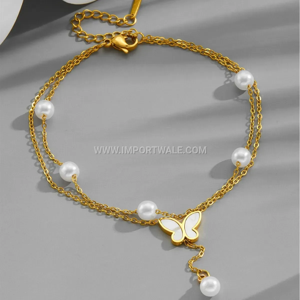 Layered Pearl Butterfly Tassel Titanium Steel Anklet