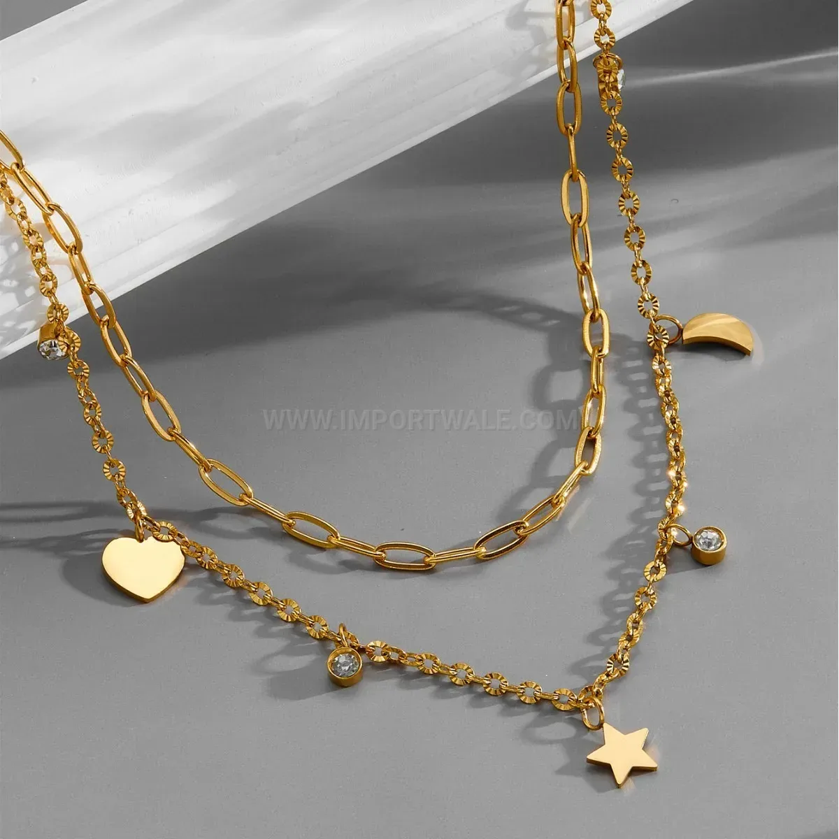 Fashion Layered Gold Star and Moon Pendant Titanium Steel Necklace
