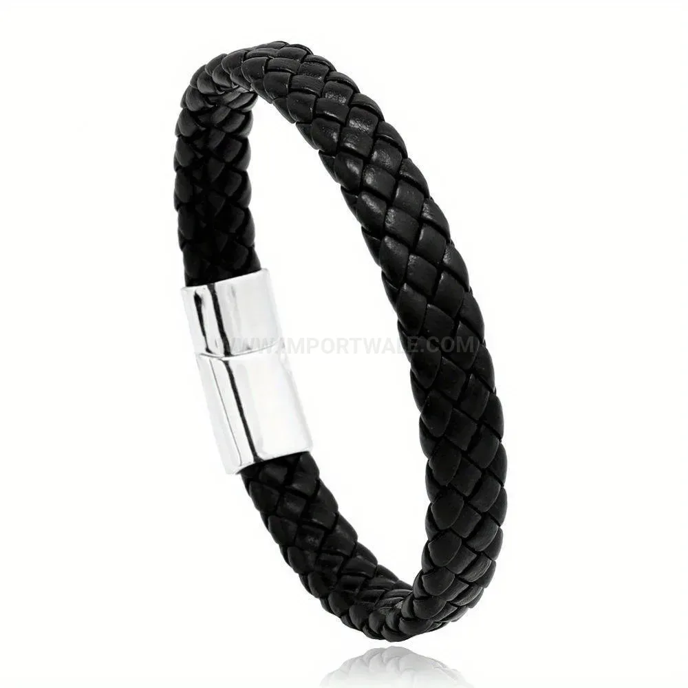 Premium Braided Faux Leather Wristband Bracelet with Metallic Clasp Accent