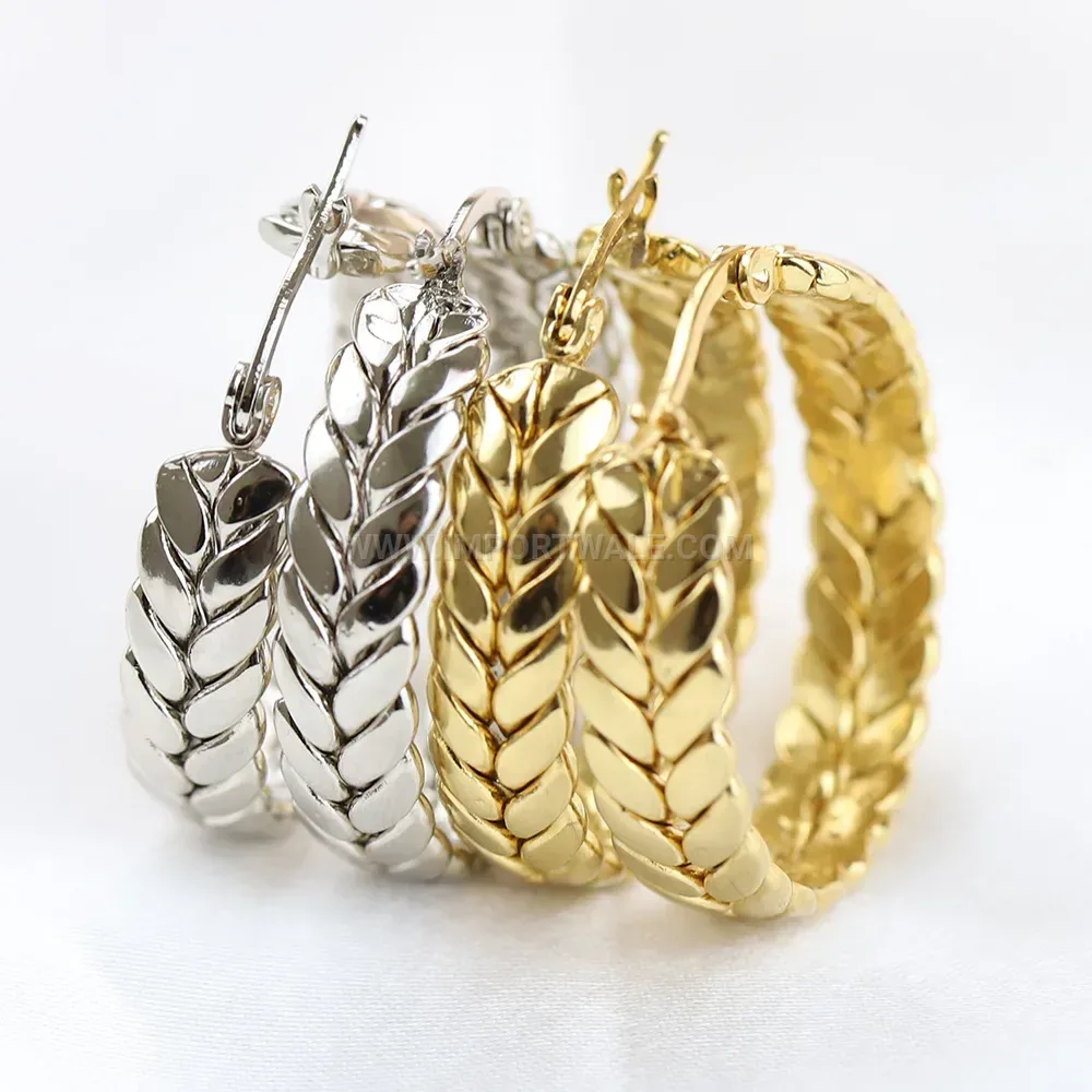 Textured Wheat Pattern Stainless Steel Hoop Earrings