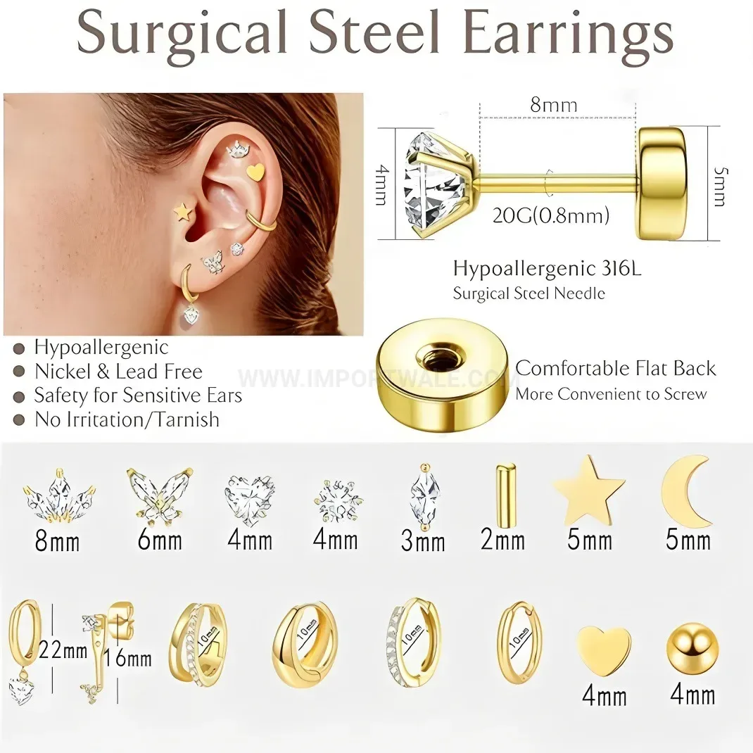 Designer Retro Stainless Steel Assorted Piercing Hoop Earring Set